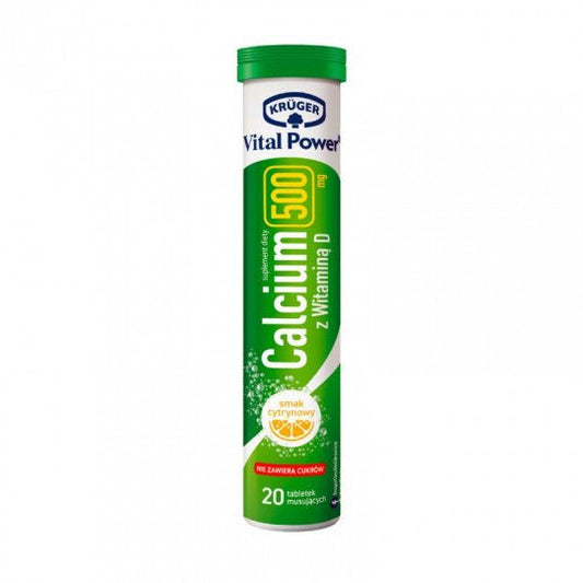 KRUGER Vital Power maisto papildas Kalcis 500 mg su vitaminu D, 20 šnypščiųjų tablečių - sveikatai - Damų Kampelis