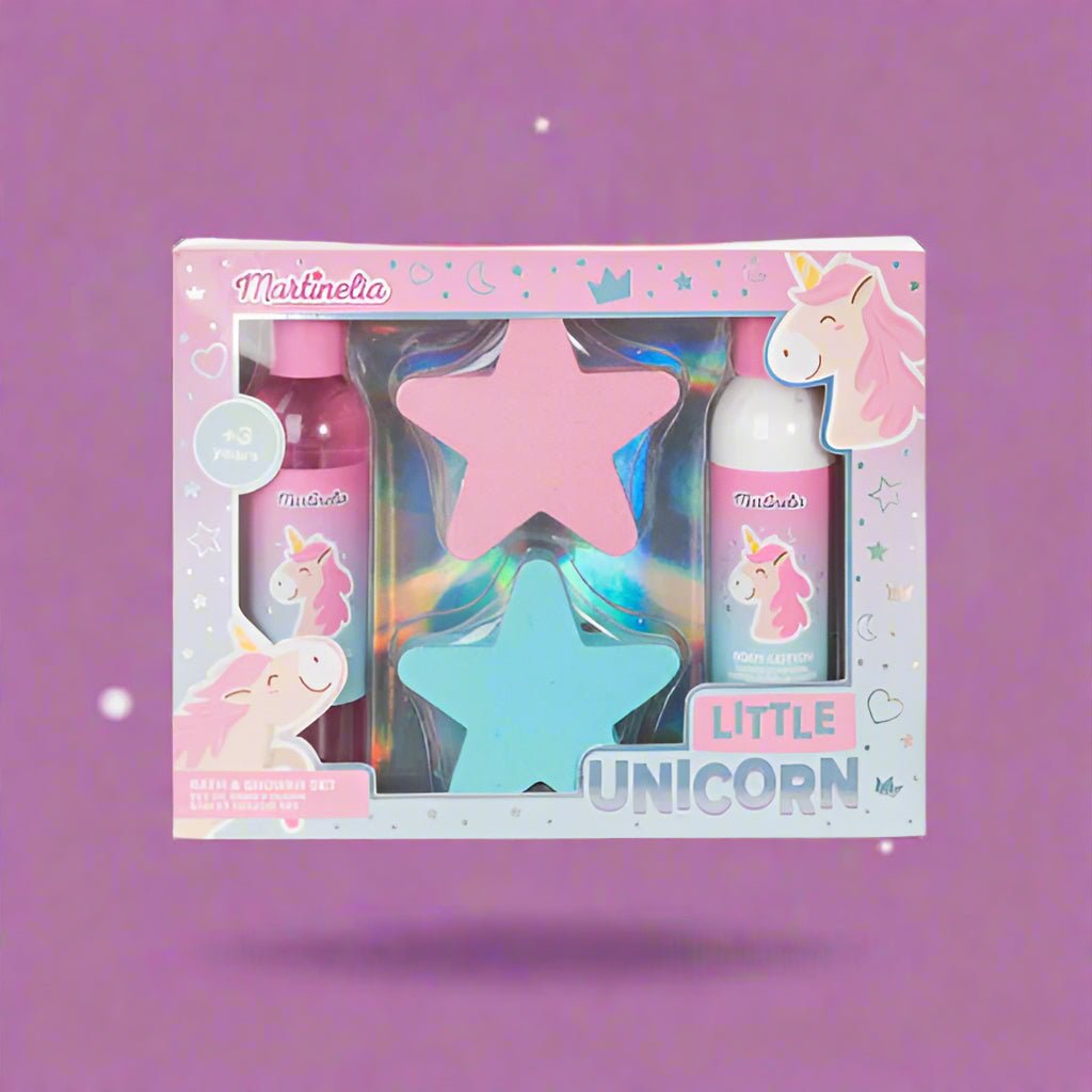 MARTINELIA vonios rinkinys Little Unicorn (2x200 ml dušo želė ir kūno losjonas, 2x100 g vonios burbulai)- kūnui-Damų Kampelis