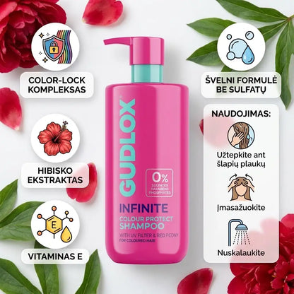 GUDLOX Infinite Colour Protect Shampoo – šampūnas dažytiems plaukams su hibisku ir vitaminu E, 400 ml infografikas