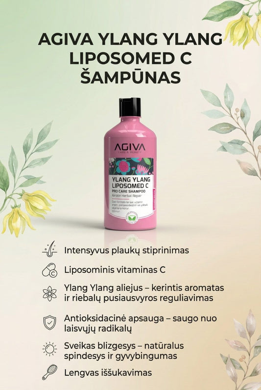 AGIVA Ylang Ylang liposominis C šampūnas 500 ml (veganiškas) - kūnui - Damų Kampelis