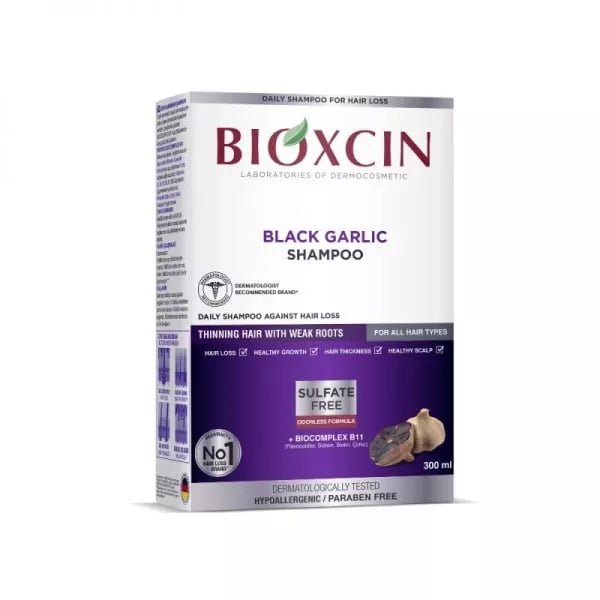 BIOXCIN šampūnas slenkantiems plaukams su juoduoju česnaku, 300 ml - plaukams - Damų Kampelis