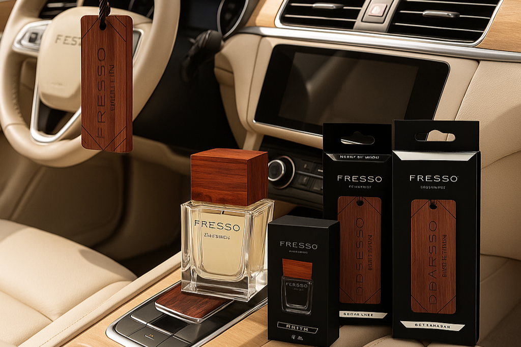FRESSO automobilio kvapų blog iliustracija šviesaus salono fone