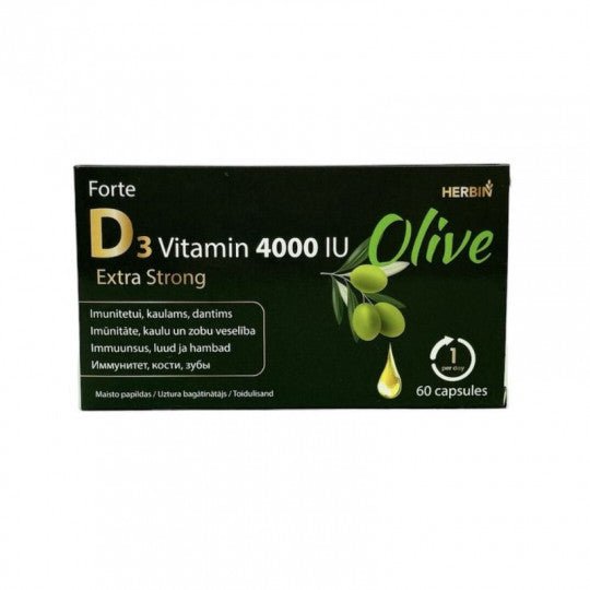 HERBIN D3 vitaminas 4000TV OLIVE Forte Extra Strong maisto papildas, 60 kapsulių-Sveikatai-Damų Kampelis