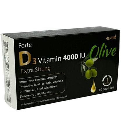 HERBIN D3 vitaminas 4000TV OLIVE Forte Extra Strong maisto papildas, 60 kapsulių-Sveikatai-Damų Kampelis