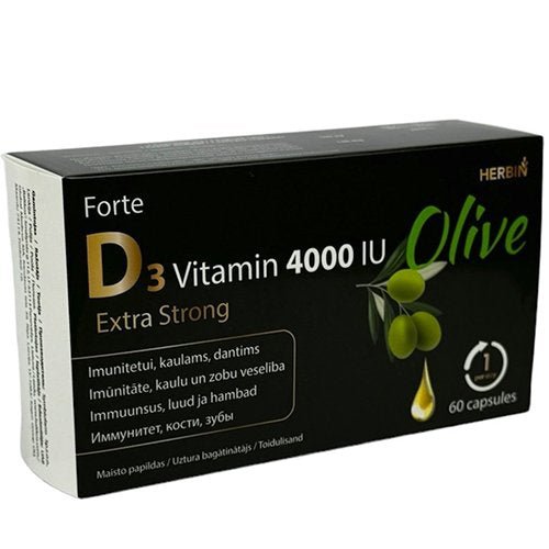 HERBIN D3 vitaminas 4000TV OLIVE Forte Extra Strong maisto papildas, 60 kapsulių-Sveikatai-Damų Kampelis