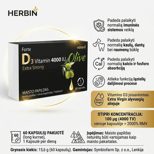HERBIN D3 vitaminas 4000TV OLIVE Forte Extra Strong maisto papildas, 60 kapsulių-Sveikatai-Damų Kampelis