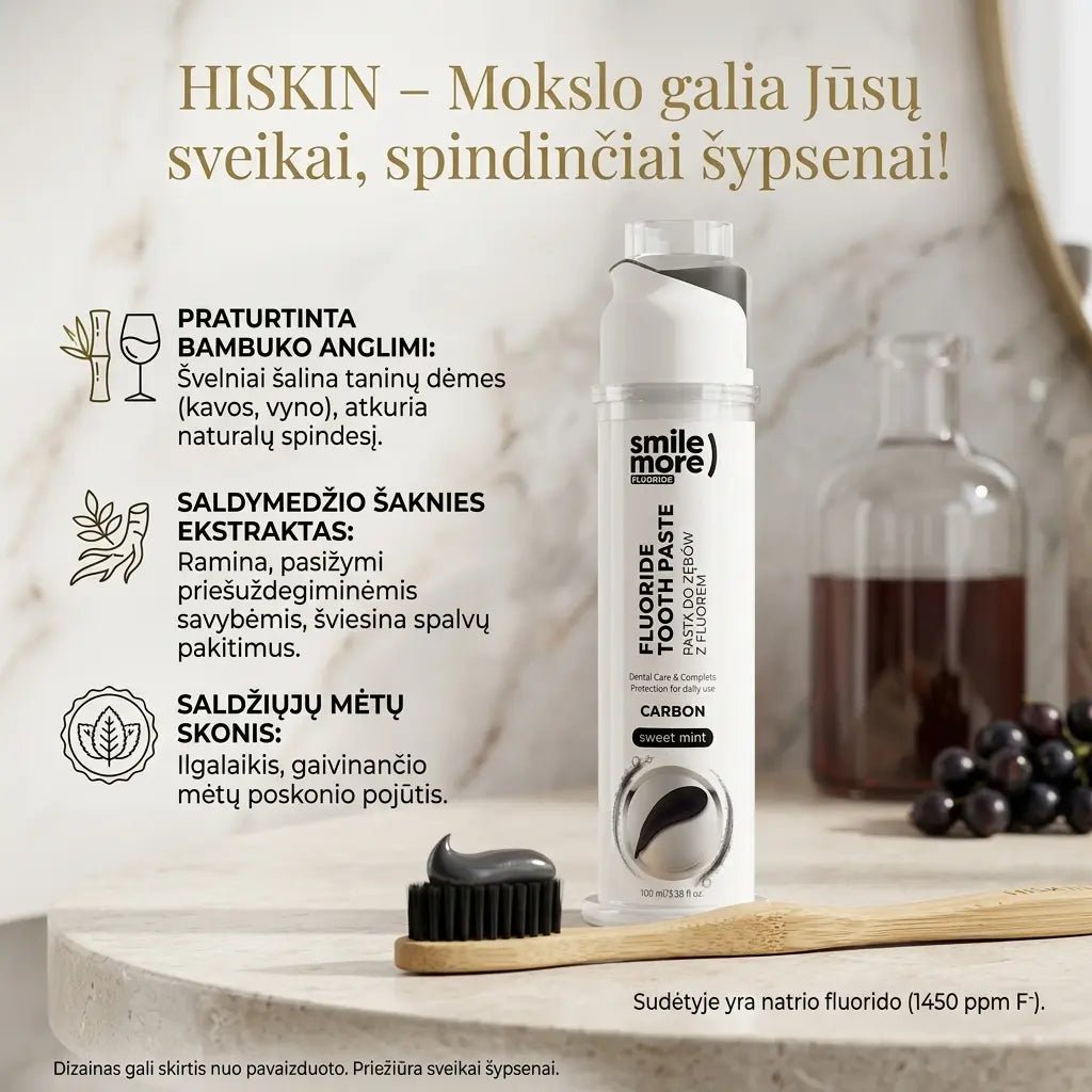 HISKIN Smile More stipriai balinanti mėtų skonio dantų pasta su dozatoriumi, 100 ml-Sveikatai-Damų Kampelis