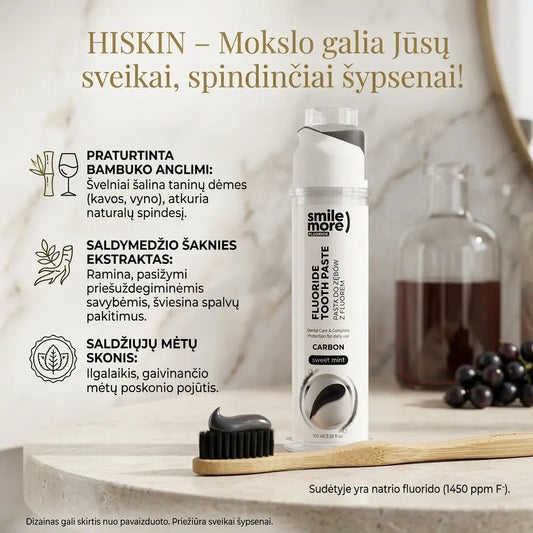 HISKIN Smile More stipriai balinanti mėtų skonio dantų pasta su dozatoriumi, 100 ml-Sveikatai-Damų Kampelis