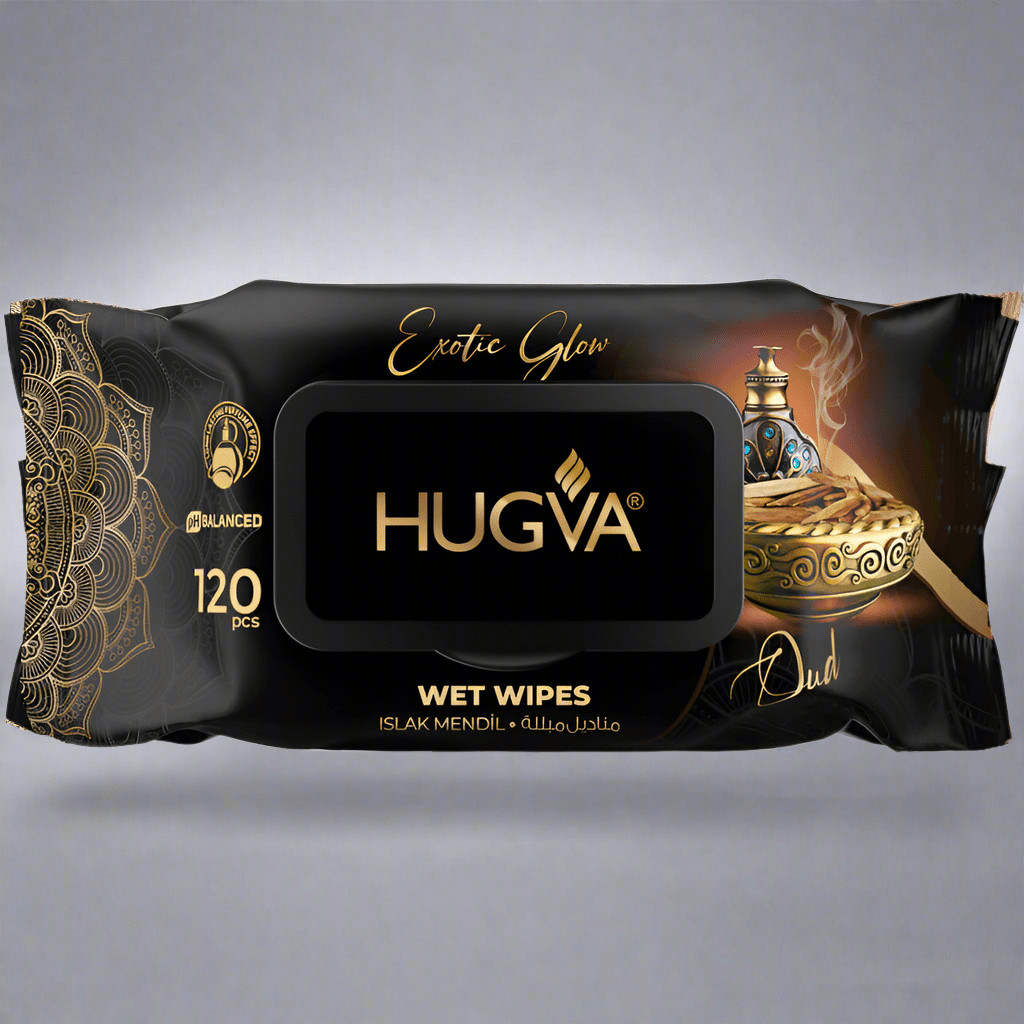 HUGVA servetėlės Exotic Glow kūnui, drėgnos 120 vnt.- kūnui - Damų Kampelis