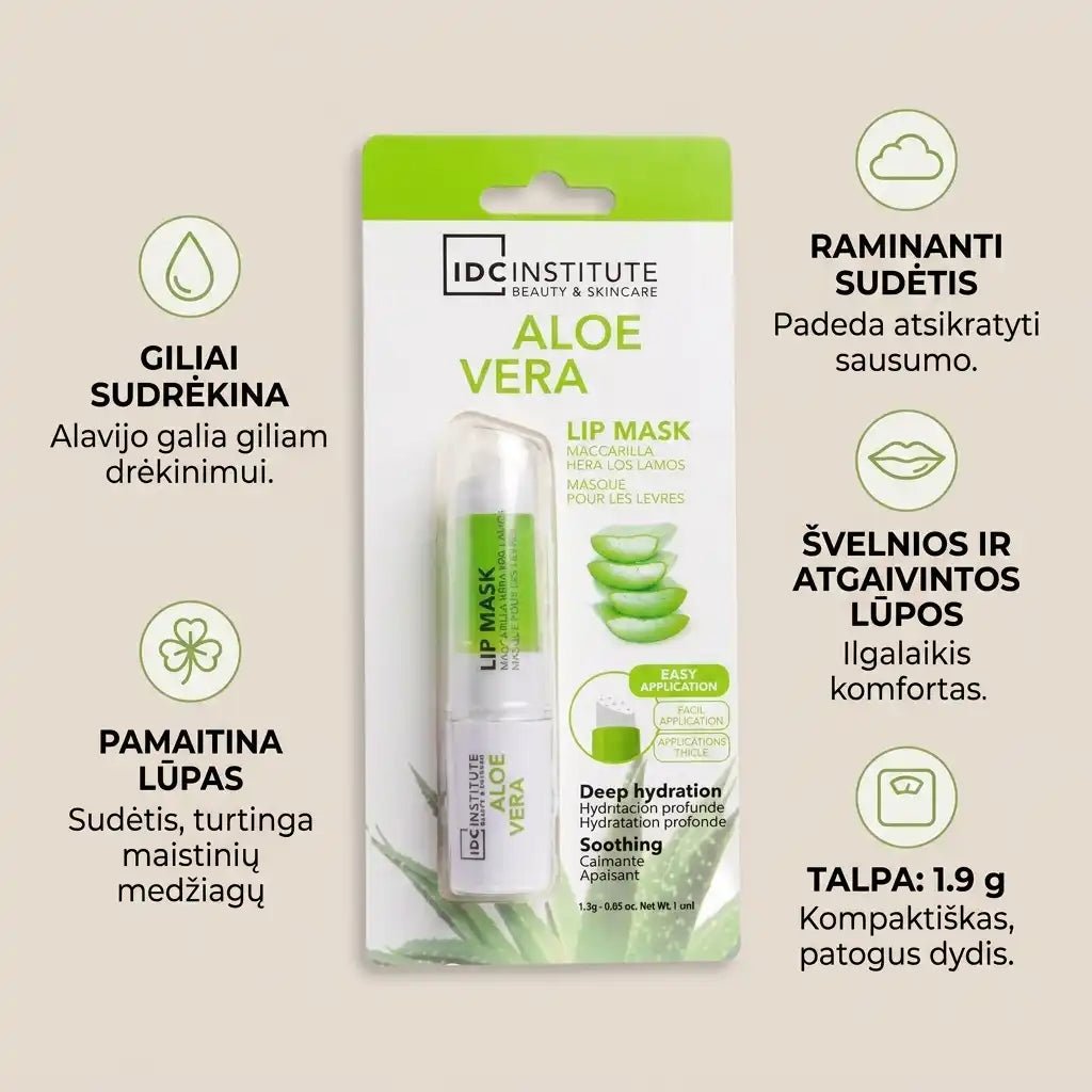 IDC INSTITUTE lūpų kaukė Alavijas (Aloe Vera), 1,9 g-Lūpų priežiūra-Damų Kampelis