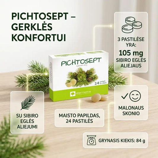 Maisto papildas PICHTOSEPT pastilės su sibiro eglės aliejumi, 24 pastilės-Sveikatai-Damų Kampelis