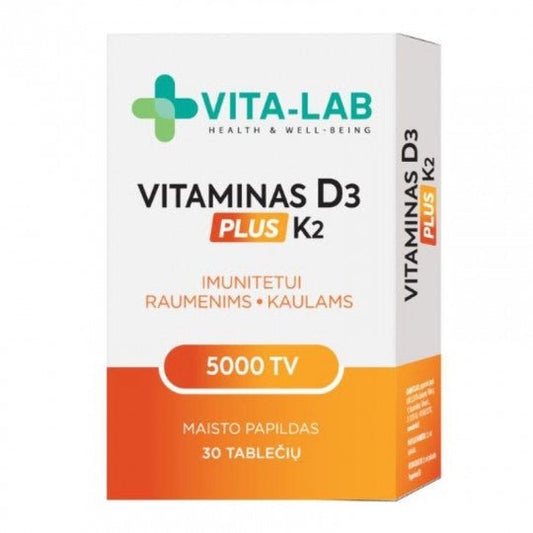 Maisto papildas VITA-LAB Vitaminas D3 5000 + K2 200 µg PLUS, N30-Sveikatai-Damų Kampelis