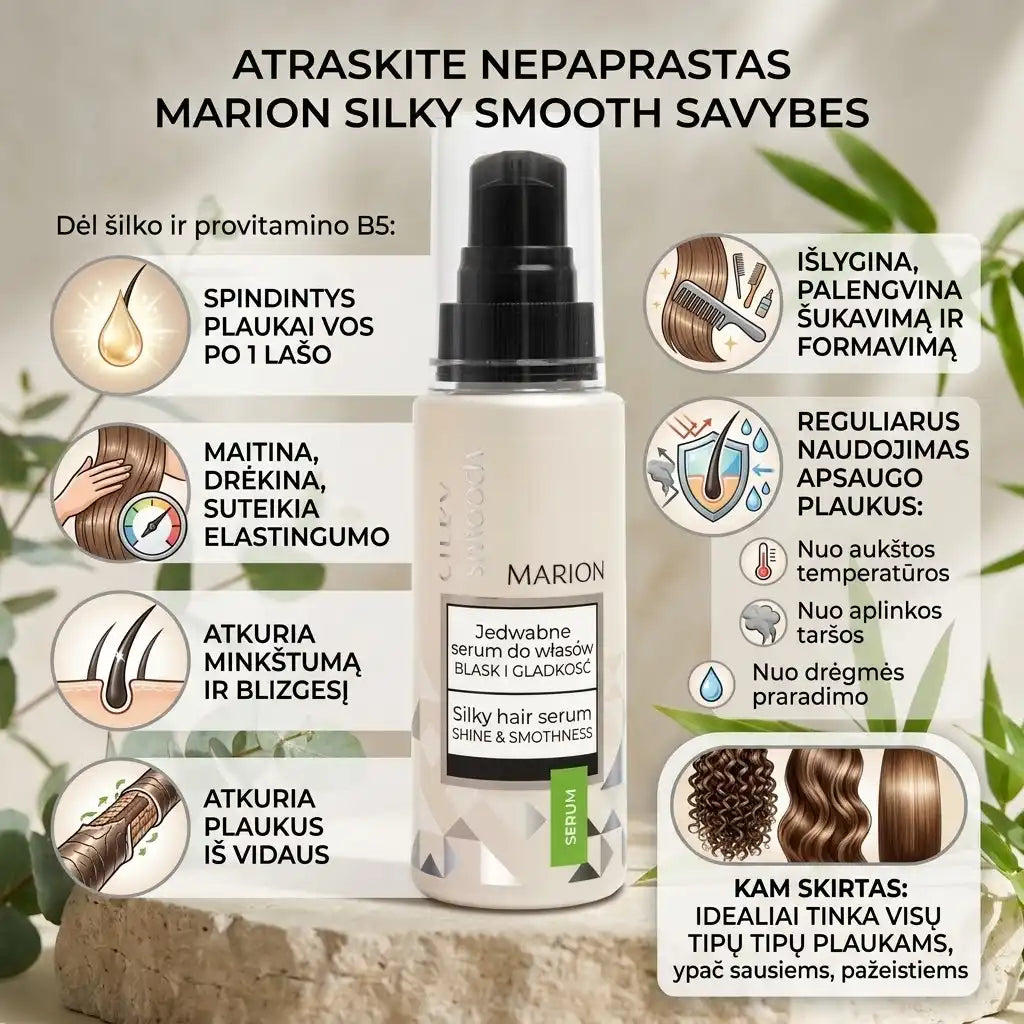 MARION Silky Smooth šilkinis plaukų serumas, blizgesys ir švelnumas, 50 ml