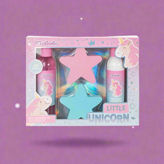 MARTINELIA vonios rinkinys Little Unicorn (2x200 ml dušo želė ir kūno losjonas, 2x100 g vonios burbulai)- kūnui-Damų Kampelis