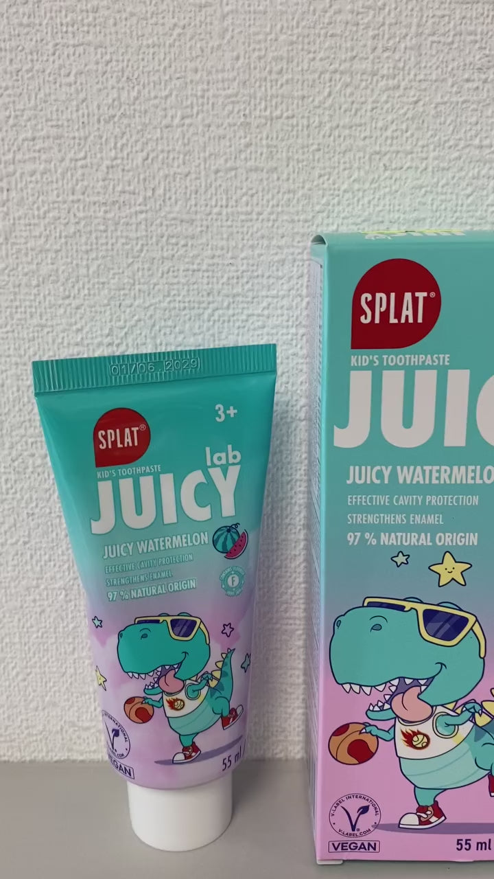 SPLAT Juicy Lab vaikiška dantų pasta Pear (kriaušių skonio), 55 ml video pristatymas