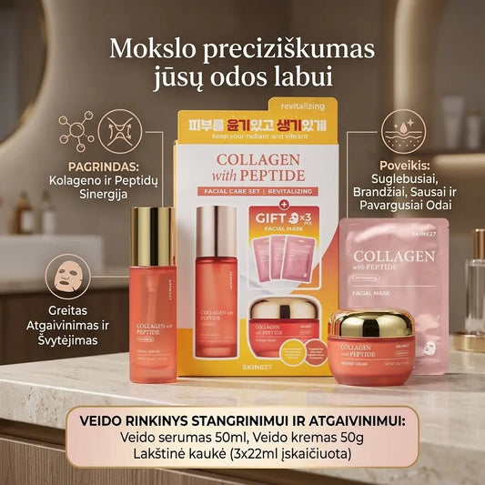 SKIN627 rinkinys veido priežiūrai gaivinamasis su kolagenu ir peptidais (serumas 50ml, kremas 50g, kaukė 3x22ml)-Veidui-Damų Kampelis